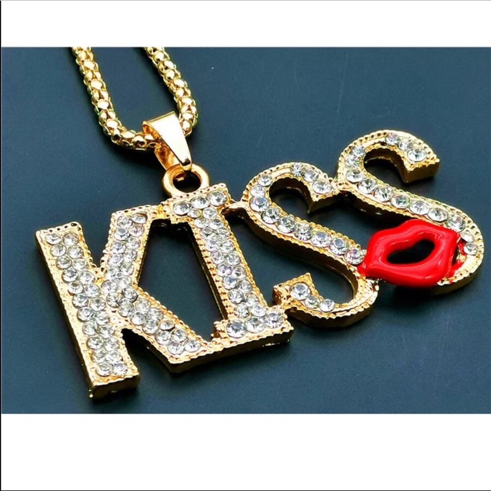 Rhinestone “KISS” and Lip Necklace